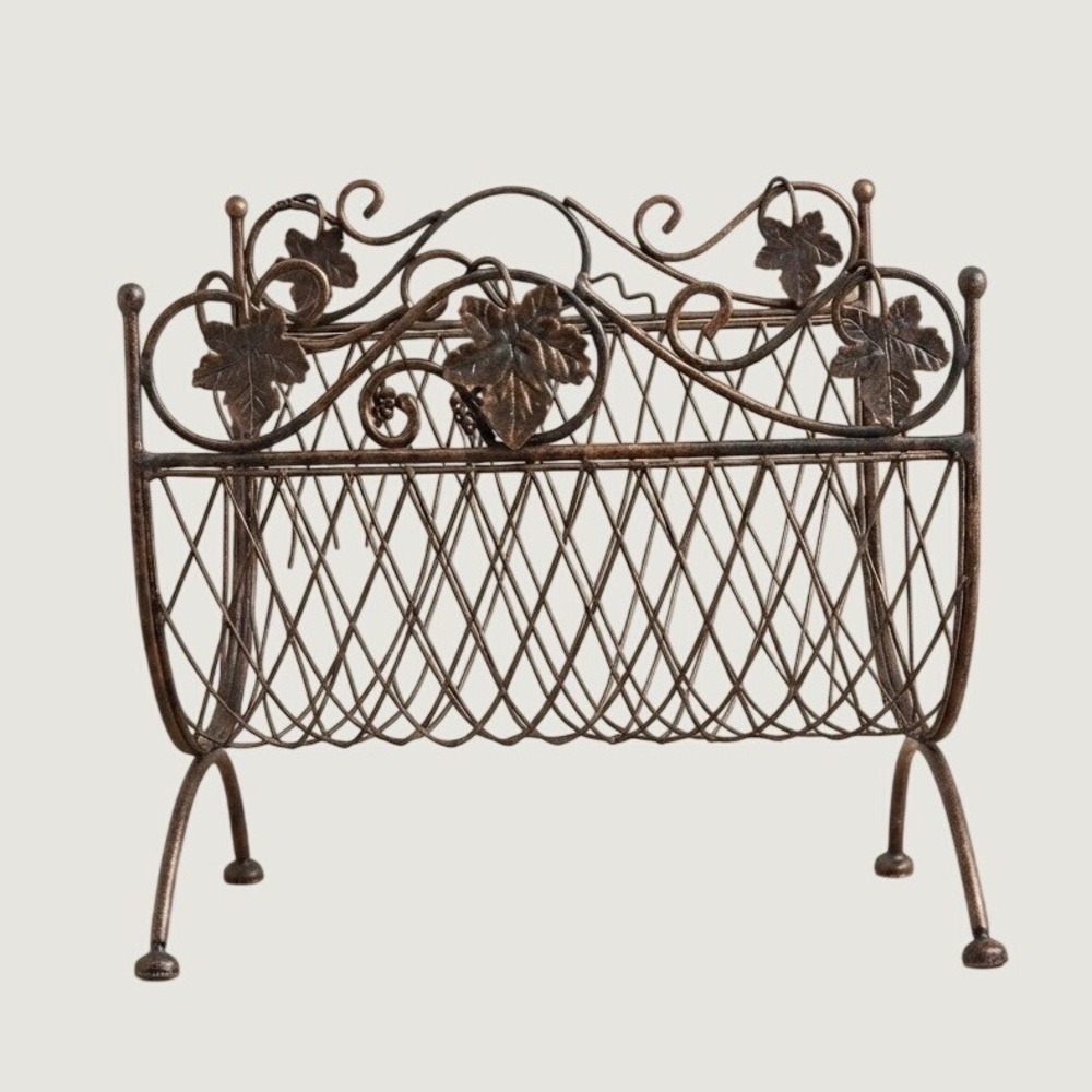 Vintage Bronze Wrought Iron Magazine Rack Grape Leaf Scrollwork Storage Bin